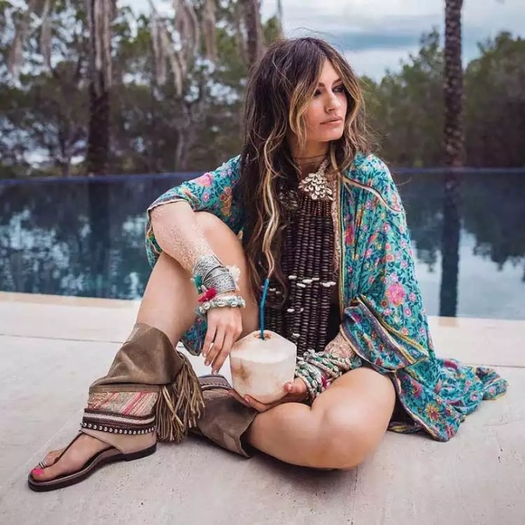 Boho Turquoise Floral Kimono Duster Long Robe - Picture 5 of 9